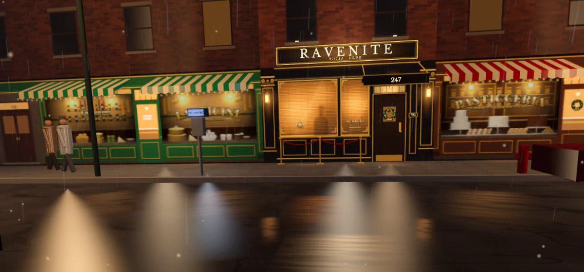 Mulberry Street at night in Five Families VR: the lit Ravenite Social Club frontage between a green-awninged café and a pasticceria, rain on the road